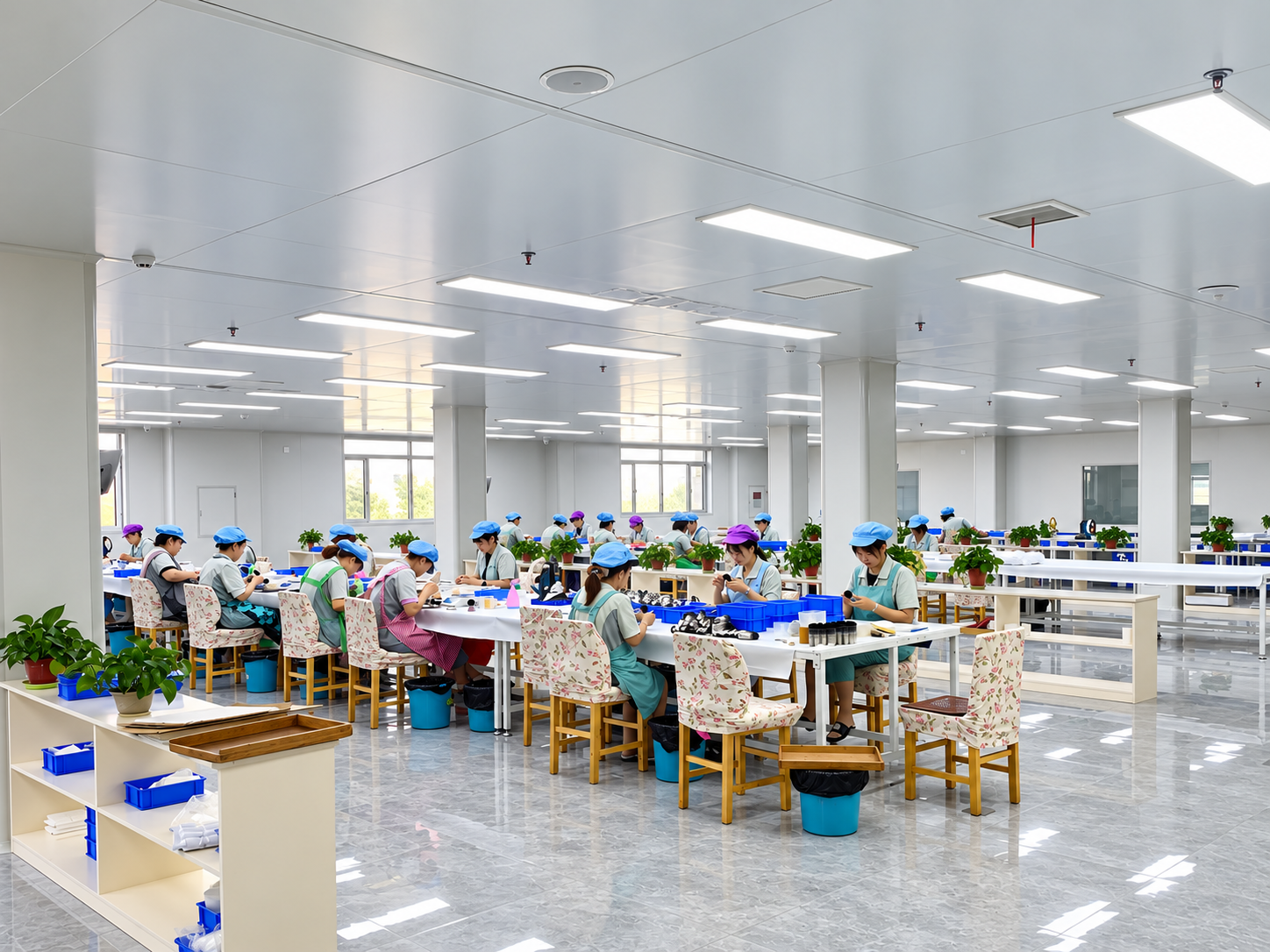 YELVINA makeup brush factory floor with workers at production benches
