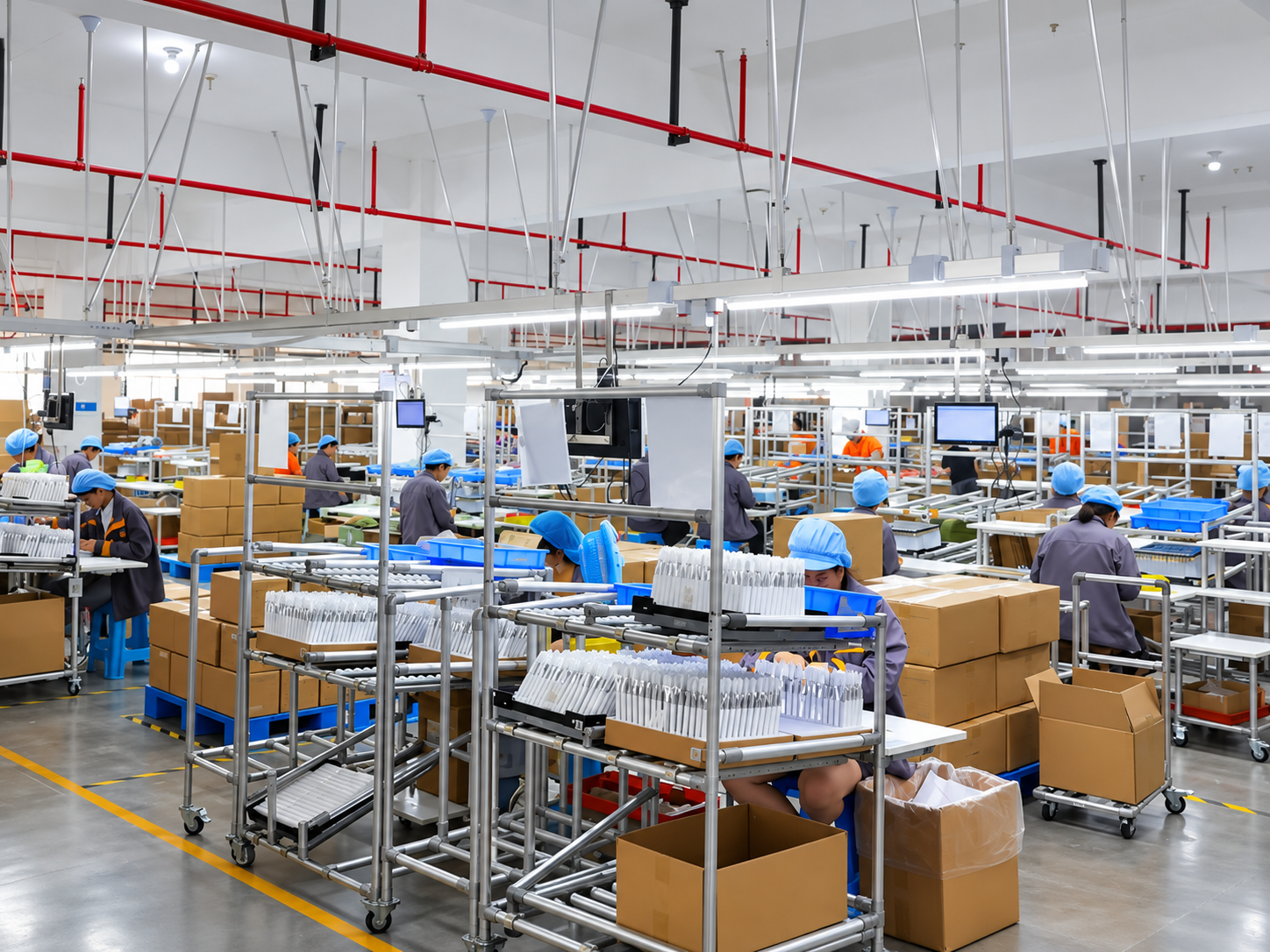 YELVINA factory production floor with workers at benches under exposed red pipework
