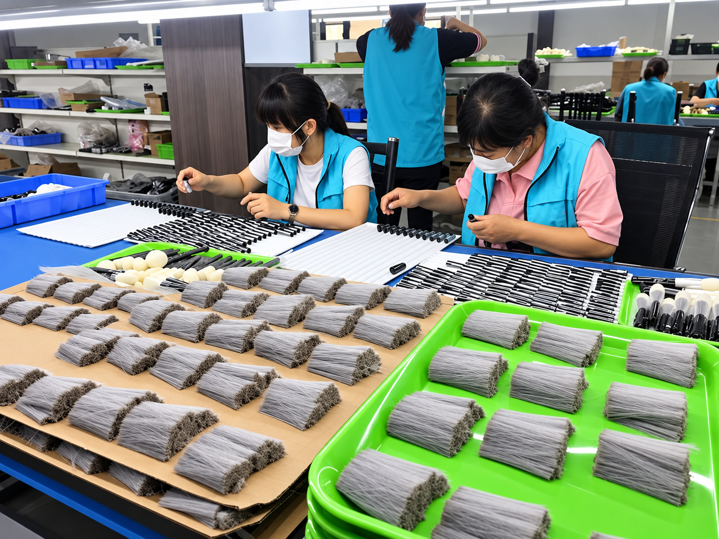 YELVINA workers assembling brush components at a bench with green parts bins