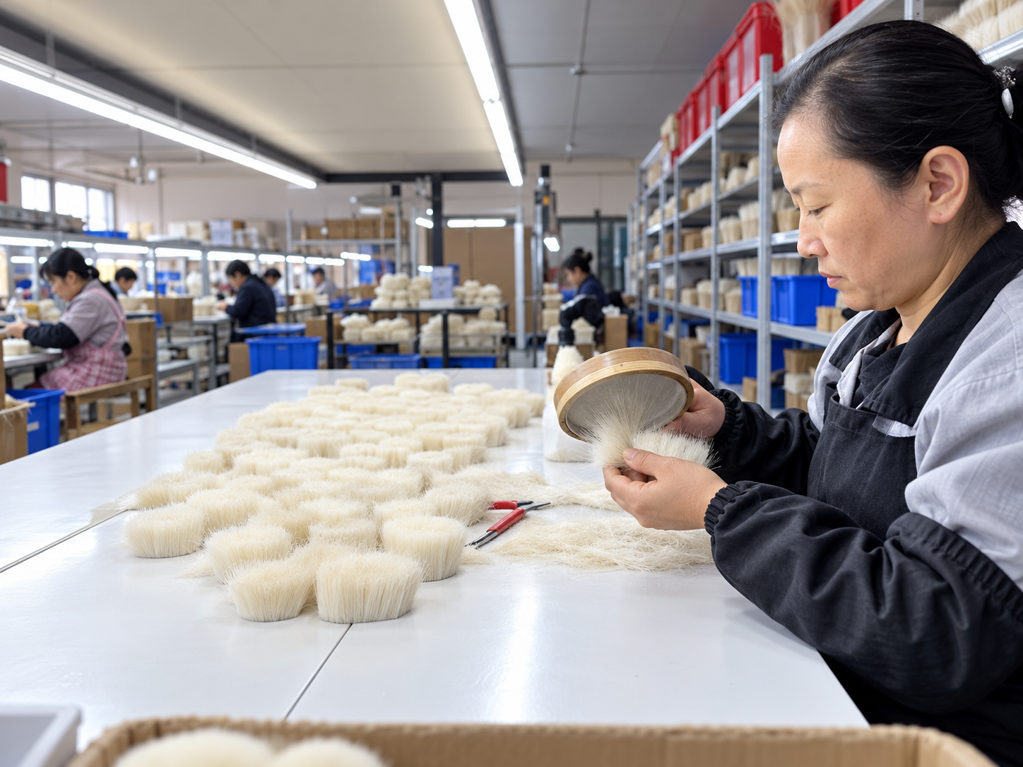 YELVINA worker sorting and trimming brush heads on a work table
