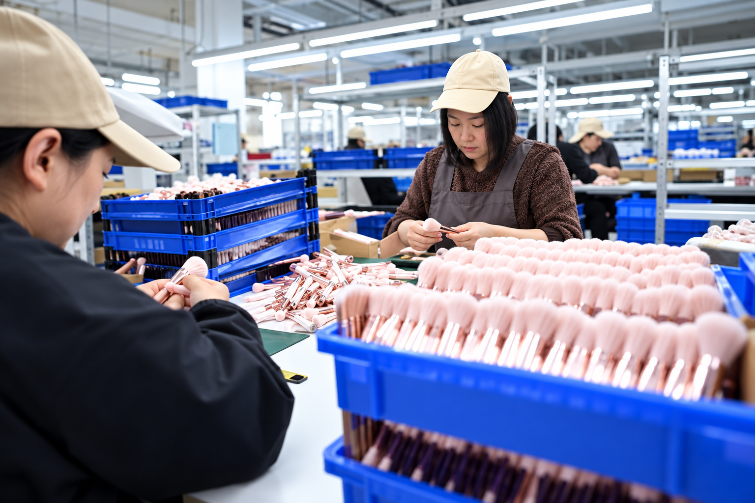 Hands fitting brush heads onto ferrules and handles at a green assembly mat