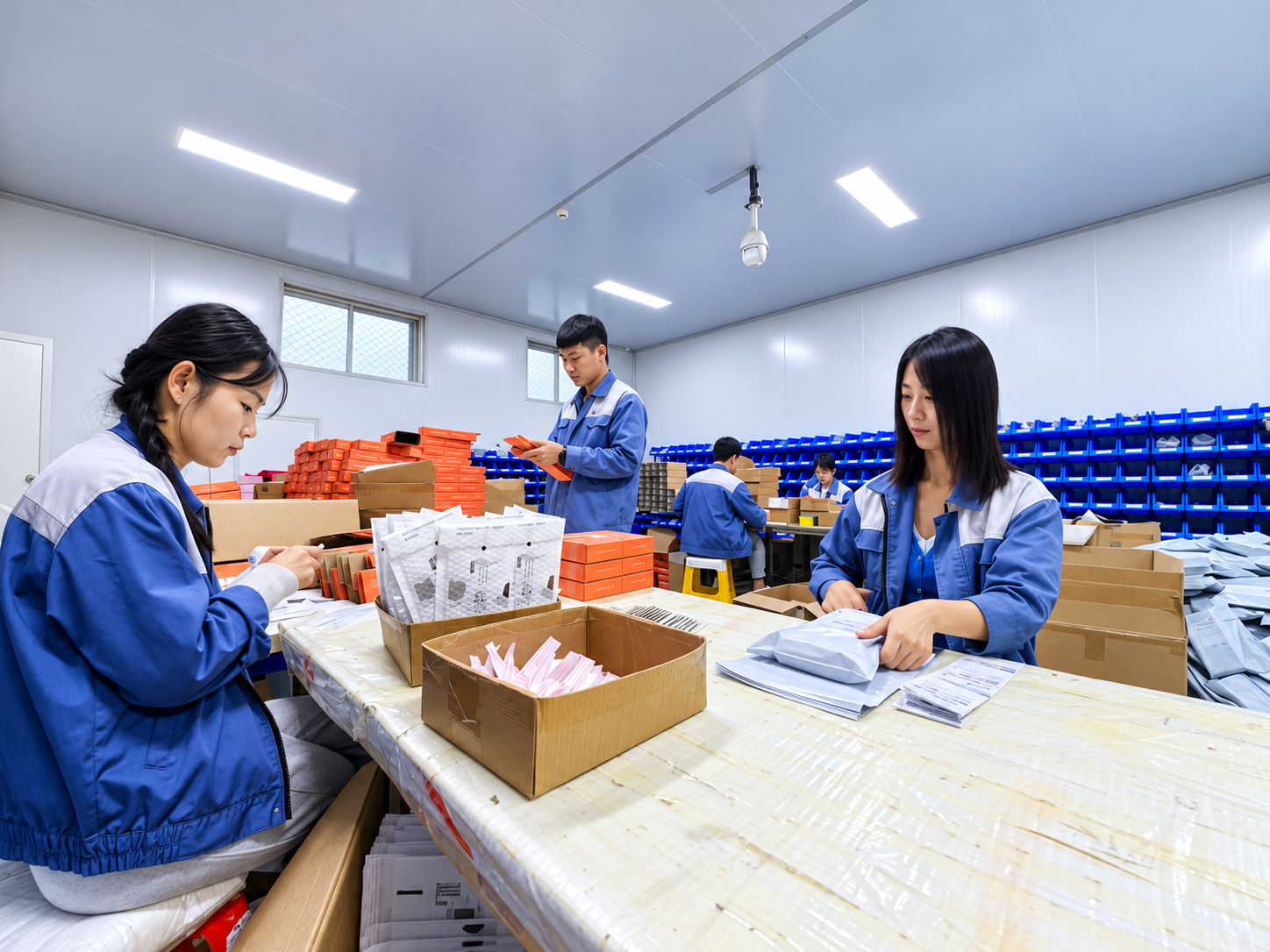 YELVINA workers wrapping and packing finished brushes into shipping cartons