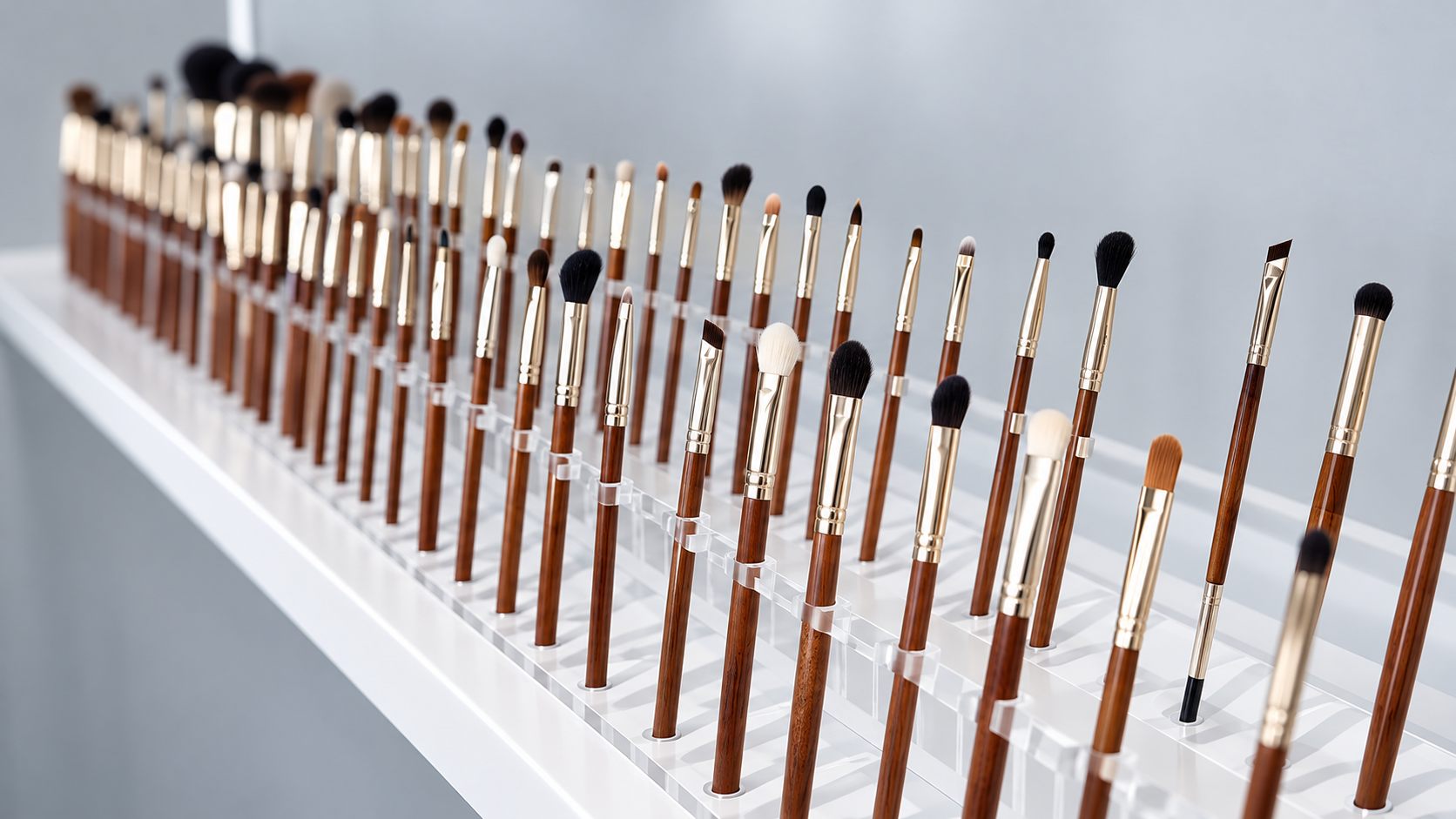 Rows of finished rose-gold handled makeup brushes standing in a production tray