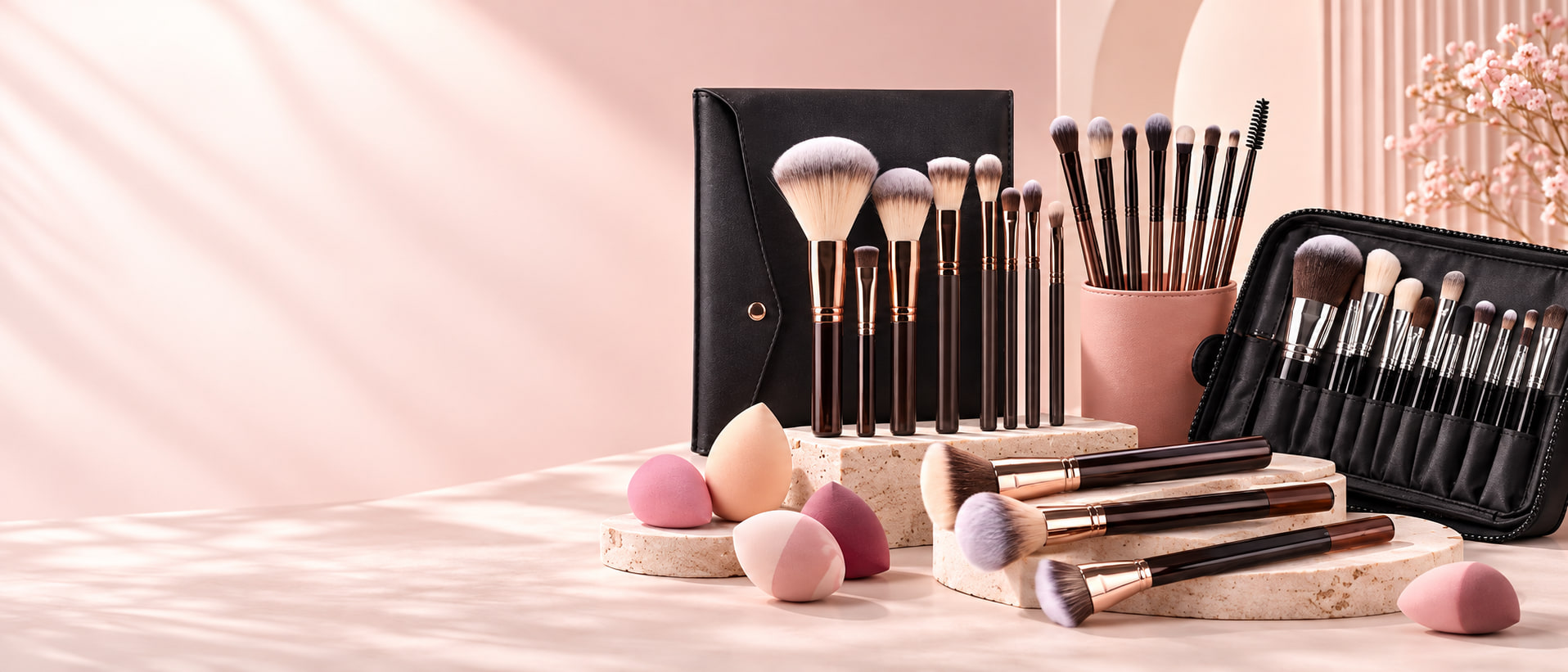 Pastel rose-gold makeup brush still life with brushes, sponges and a brush roll on a soft pink backdrop